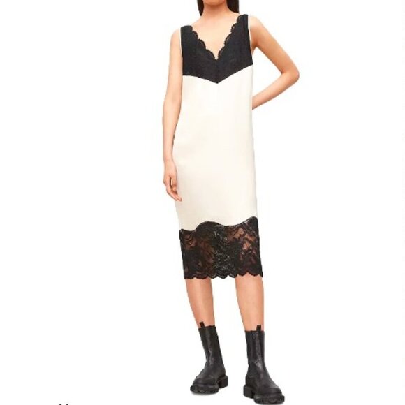 NWT ALL SAINTS Celeste Cream Satin Black Lace Boho Midi Shift Dress 10 MSRP $249 - Picture 2 of 12